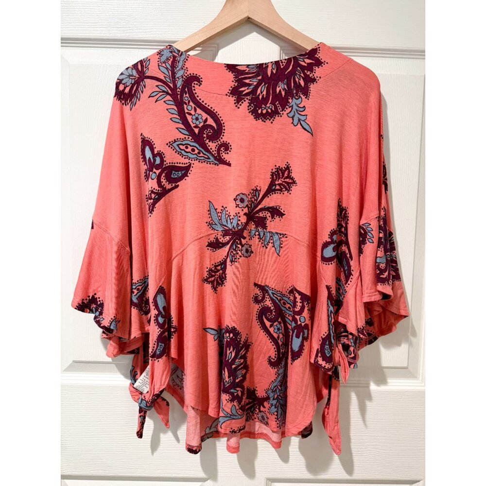 Free People Maui Wowie Boho Coral Paisley Side Tie Blouse Top Passion Flower SM - Picture 2 of 11
